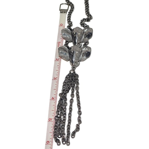 Double Elephant Head Pendant Opera Length Lariat Silver plate Necklace w Tassel - Picture 6 of 6
